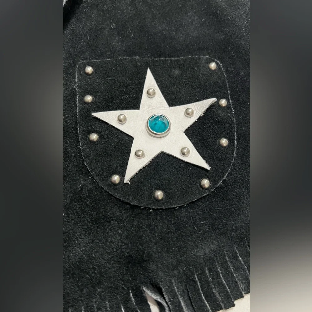 JOHN R. CRAIGHEAD boys leather Black Fringe Vest with Star Pockets size  L